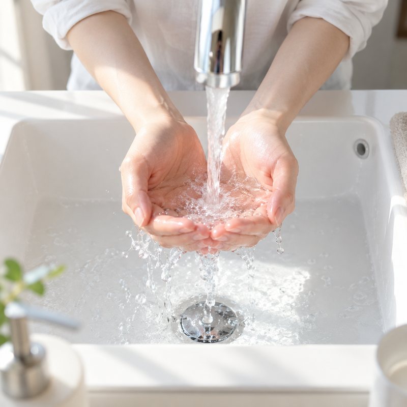 洗面台で水をすくう手元